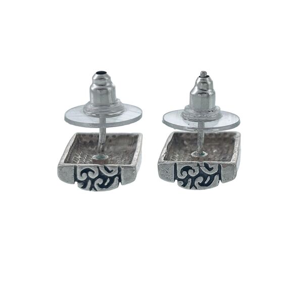 Vintage MD Sterling Silver 925 Rectangle Oxidized Scroll Design Pierced Earrings - Picture 4 of 6